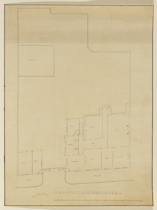 216261 Plattegrond met indeling van het huis Janskerkhof 16 te Utrecht; met aanduiding van de tuin, het koetshuis en de stal.